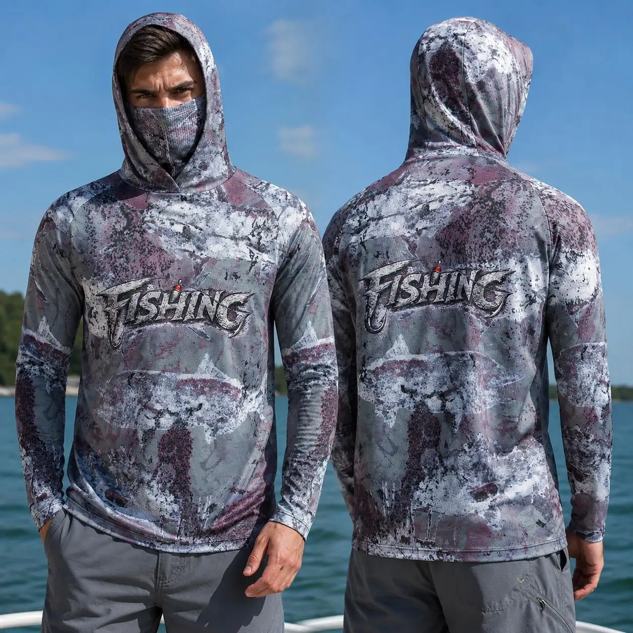 Fishing Mask Sun Protection - Vissersshirt met capuchon, heren, lange mouwen,