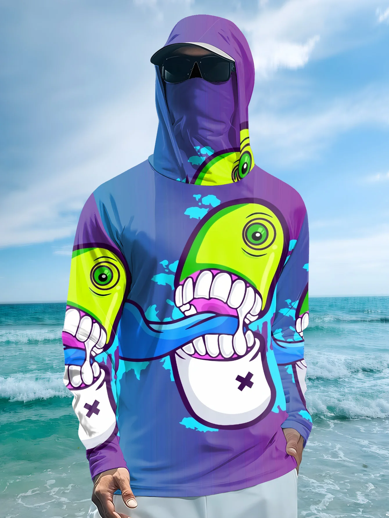 Fishing Mask Sun Protection - Heren Cartoon Monster Graffiti Vissershoodie met